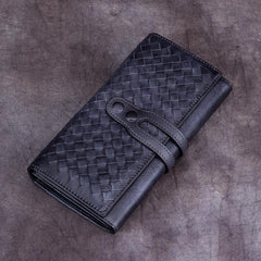 Grey Womens Braided Leather Long Wallet Phone Brown Long Bifold Clutch Purse for Ladies