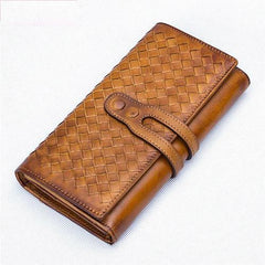 Green Vintage Womens Braided Leather Trifold Long Wallet Brown Phone Clutch Purse for Ladies