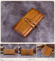 Grey Womens Braided Leather Long Wallet Phone Brown Long Bifold Clutch Purse for Ladies