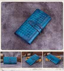 Green Vintage Womens Braided Leather Trifold Long Wallet Phone Clutch Purse for Ladies