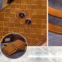 Green Vintage Womens Braided Leather Trifold Long Wallet Brown Phone Clutch Purse for Ladies