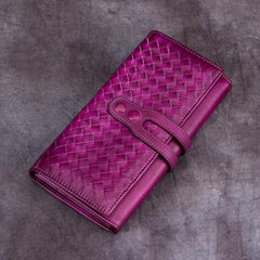 Green Vintage Womens Braided Leather Trifold Long Wallet Brown Phone Clutch Purse for Ladies