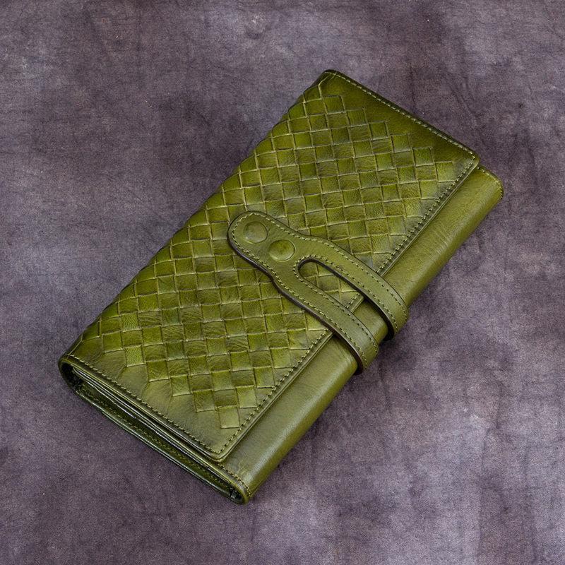 Green Vintage Womens Braided Leather Trifold Long Wallet Brown Phone Clutch Purse for Ladies