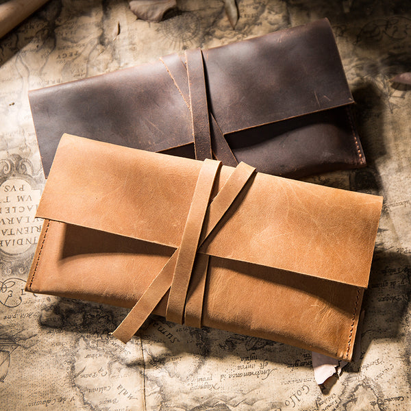 Handmade Brown Leather Long Wallet Wrap Tie Checkbook Wallet for Men JXZ00991004