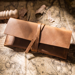 Handmade Brown Leather Long Wallet Wrap Tie Checkbook Wallet for Men