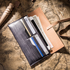 Handmade Brown Leather Long Wallet Wrap Tie Checkbook Wallet for Men