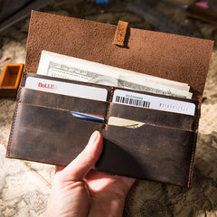 Handmade Brown Leather Long Wallet Wrap Tie Checkbook Wallet for Men