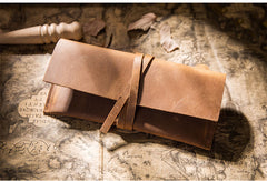 Handmade Brown Leather Long Wallet Wrap Tie Checkbook Wallet for Men