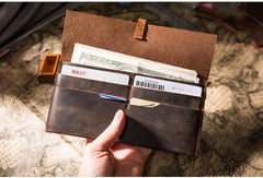 Handmade Brown Leather Long Wallet Wrap Tie Checkbook Wallet for Men