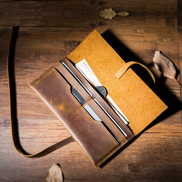 Handmade Brown Leather Long Wallet Wrap Tie - Back View