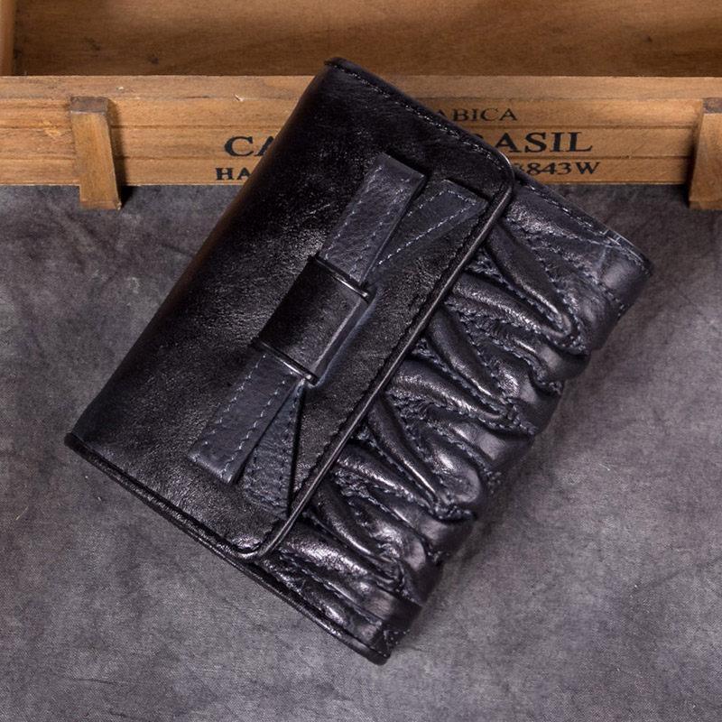 Vintage Womens Black Leather Bowknot Cute Small Blue Wallet Trifold billfold Wallet for Ladies
