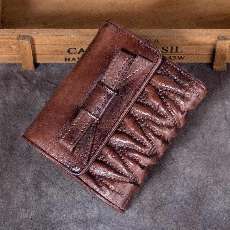 Cute Womens Leather Wrinkled Small Women's Trifold Leather Wallet Vintage Small Wallet for Ladies