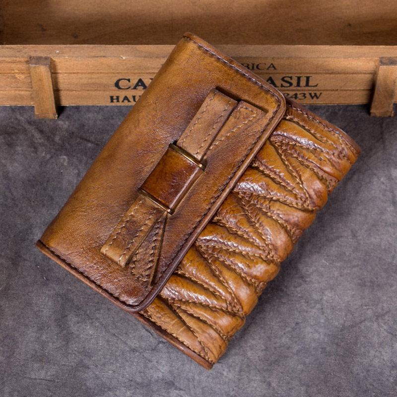 Cute Brown Womens Leather Wrinkled Small Women's Trifold Leather Wallet Vintage Small Wallet for Ladies