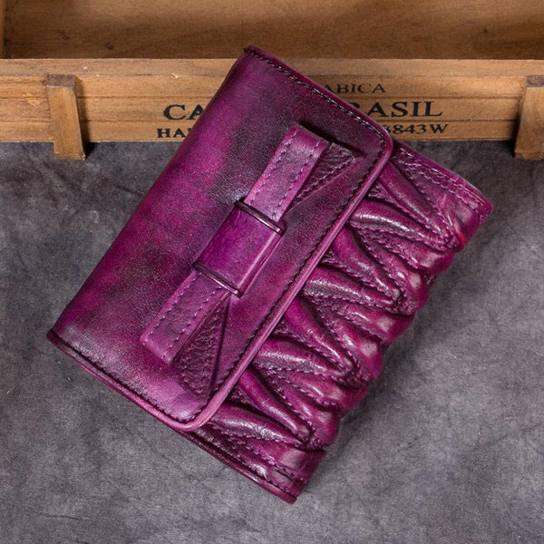 Vintage Womens Brown Leather Bowknot Cute Small Blue Wallet Trifold billfold Wal SM8178652