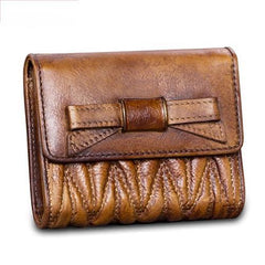 Vintage Womens Brown Leather Bowknot Cute Small Blue Wallet Trifold billfold Wallet for Ladies