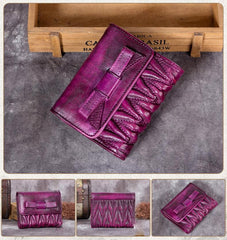 Vintage Womens Red Leather Bowknot Cute Small Brown Wallet Trifold billfold Wallet for Ladies