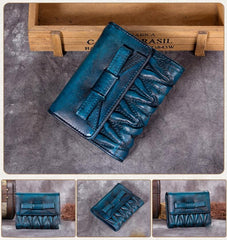 Vintage Womens Black Leather Bowknot Cute Small Blue Wallet Trifold billfold Wallet for Ladies