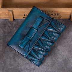 Vintage Womens Black Leather Bowknot Cute Small Blue Wallet Trifold billfold Wallet for Ladies