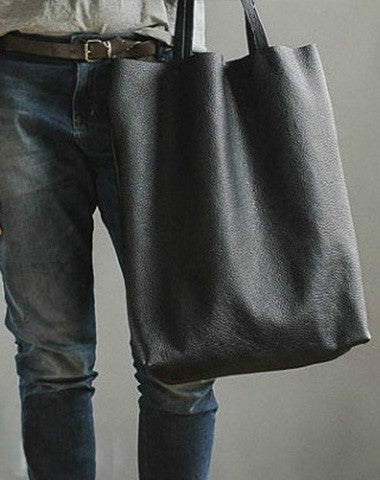 Handmade black fashion leather medium tote bag shoulder bag handbag for women