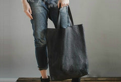 Handmade black fashion leather medium tote bag shoulder bag handbag for women