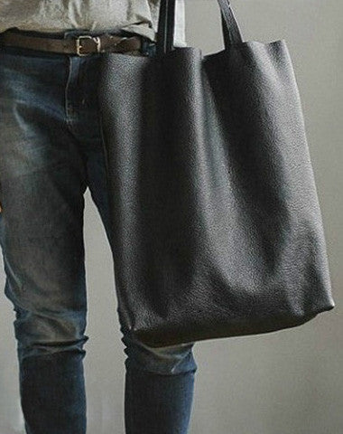 Handmade black fashion leather medium tote bag shoulder bag handbag for women - EverHandmade