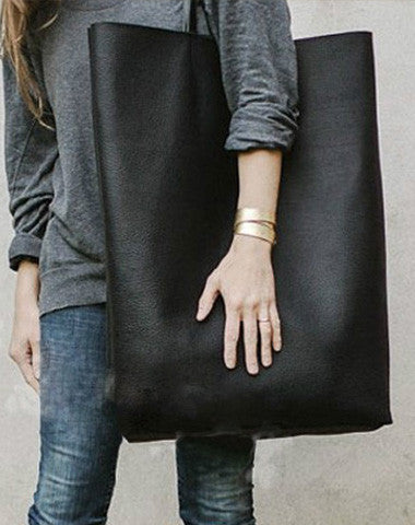 Handmade black fashion pretty leather large tote bag shoulder bag handbag for women