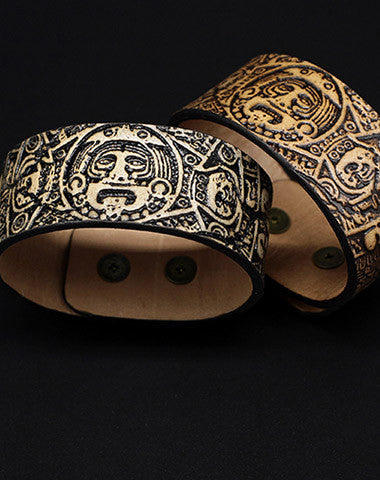 Handmade leather Mayan solar calendar carved leather bracelet accessories men - EverHandmade