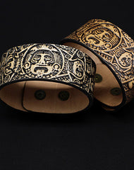 Handmade leather Mayan solar calendar carved leather bracelet accessories men - EverHandmade