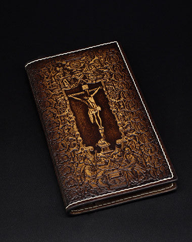 Handmade cross Christ vintage brown leather hand painted dyed notebook/travel book/diary/journal - EverHandmade