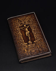 Handmade cross Christ vintage brown leather hand painted dyed notebook/travel book/diary/journal