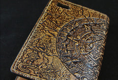 Handmade leather phone case Mayan solar calendar carved leather custom iphone case for men - EverHandmade