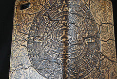 Handmade leather phone case Mayan solar calendar carved leather custom iphone case for men - EverHandmade