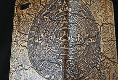 Handmade leather phone case Mayan solar calendar carved leather custom iphone case for men