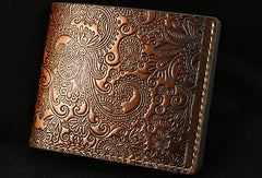 Handmade leather brown custom billfold wallet Cashew flowers carved for men him