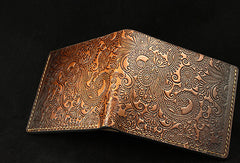Handmade leather brown custom billfold wallet Cashew flowers carved for men him