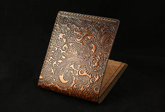 Handmade leather brown custom billfold wallet Cashew flowers carved for men him