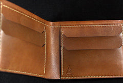 Handmade leather brown custom billfold wallet Cashew flowers carved for men him