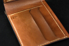 Handmade leather brown custom billfold wallet Cashew flowers carved for men him