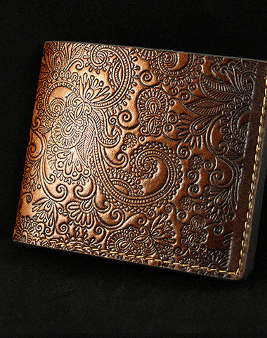 Handmade leather brown custom billfold wallet Cashew flowers carved for men him - EverHandmade