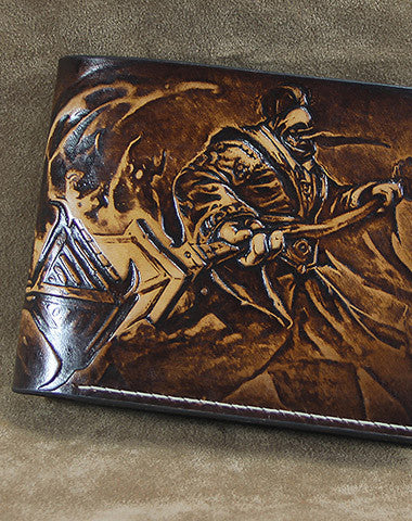 Handmade League of Legends LOL JAX carved leather custom billfold wallet for men gamers