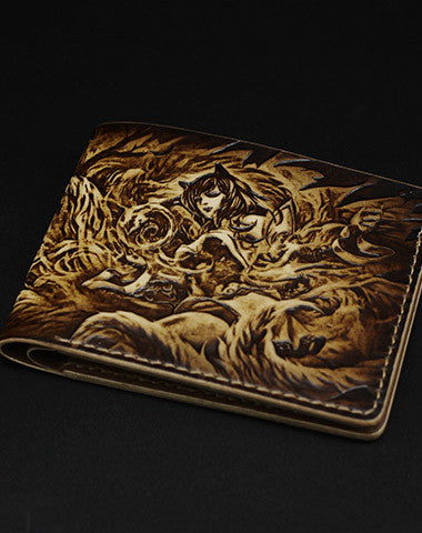 Handmade League of Legends LOL Ahri-the-Nine-Tailed-Fox carved leather custom billfold wallet for men gamers - EverHandmade