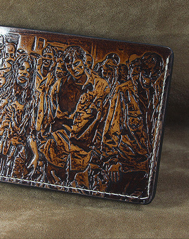 Handmade men leather wallet the walking dead billfold coffee carved custom for men