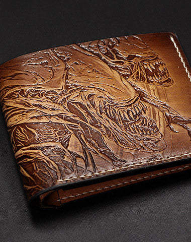 Handmade Alien tooled carved leather custom billfold wallet for men gamers fan - EverHandmade