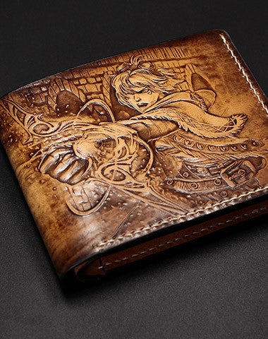 Handmade League of Legends LOL Ezreal carved leather custom billfold wallet for men gamers - EverHandmade