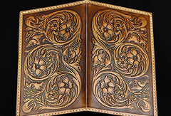 Handmad eleather men wallet floral carved leather custom long wallet w/card holders for men/women - EverHandmade