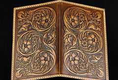 Handmad eleather men wallet floral carved leather custom long wallet w/card holders for men/women