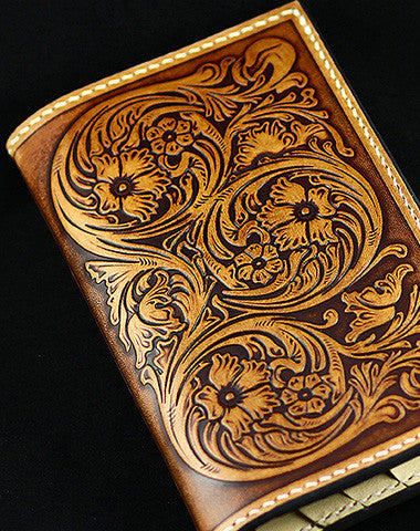 Handmad eleather men wallet floral carved leather custom long wallet w/card holders for men/women - EverHandmade