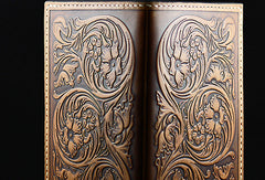 Handmad eleather men wallet floral carved leather custom long wallet w/card holders for men/women - EverHandmade