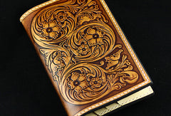 Handmad eleather men wallet floral carved leather custom long wallet w/card holders for men/women - EverHandmade