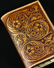 Handmad eleather men wallet floral carved leather custom long wallet w/card holders for men/women - EverHandmade